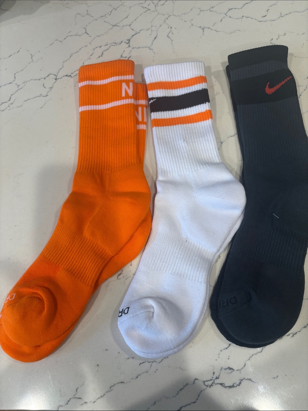 Nike Crew Athletic Socks—3 Pack *Dri-Fit* White, Black, Orange Men’s Large NWOT